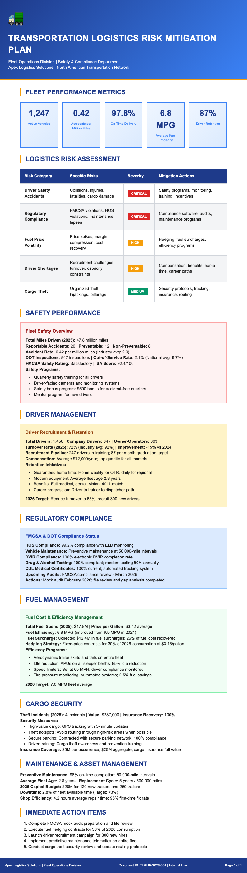 Transportation logistics risk mitigation plan